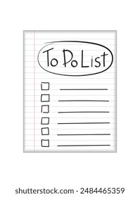 Realistic line paper note. To do list icon with hand drawn text. School business diary. Office stationery notebook on white background.