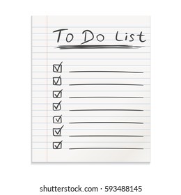 Realistic line paper note. To do list icon with hand drawn text. School business diary. Office stationery notebook on isolated background