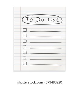 Realistic line paper note. To do list icon with hand drawn text. School business diary. Office stationery notebook on isolated background