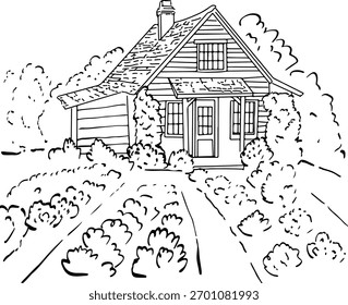 Una Imagen lineal realista en blanco y negro de una casa de pueblo con un jardín