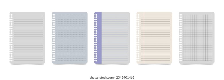 Realistic lined note paper with various variations. Set of torn sheets of paper from a workbook with a real shadow effect. Illustration of binder paper sheet with lines and boxes for writing notes