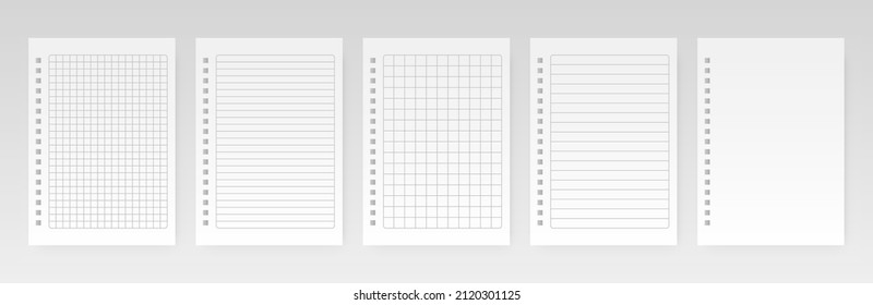 Realistic lined note papers. Blank notebook sheets layout template, school homework exercises, sketchbook diary pages. Vector design