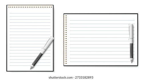 Realistic lined notebook with gold metal ring binding and ballpoint pen. School stationery. Office supplies. Blank paper pages for writing. Notepad sheet. Organizer clean notepaper. Vector objects set