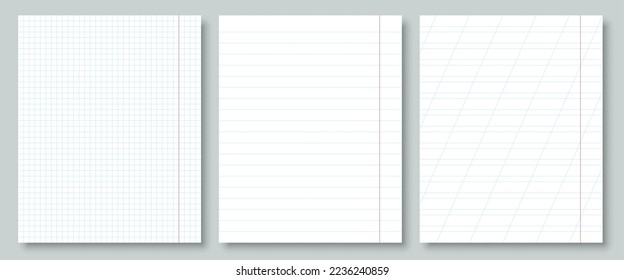 Realistisch gesäumte Notizbuch-Blatt leere weiße flache Set. Lineal geometrisch perfekt exakte Muster horizontale Linie Käfig oblique Linie quadratische Notizbuch Büropolen Layout Notizblock Schreibtisch