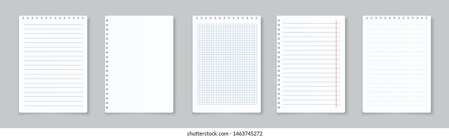 Realistic lined notepapers. Blank gridded notebook papers for homework and exercises. Vector pads paper sheets with lines and squares for memo