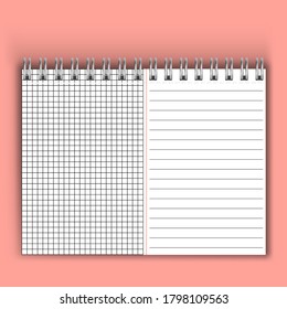 Papeles realistas en línea. Papel de cuaderno en blanco a la plancha para tareas y ejercicios. El vector pads hojas de papel con líneas y cuadrados para memo. Portátil o bloc de notas con aglutinante. Panel de notas del vector o