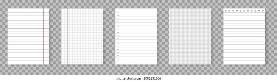 Realistic lined notepapers. Blank gridded notebook papers for homework and exercises. Vector illustration isolated on transparent  background