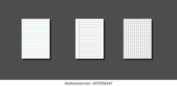 Realistic lined notepapers. Blank gridded notebook papers for homework and exercises. Vector pads paper sheets with lines and squares for memo A4