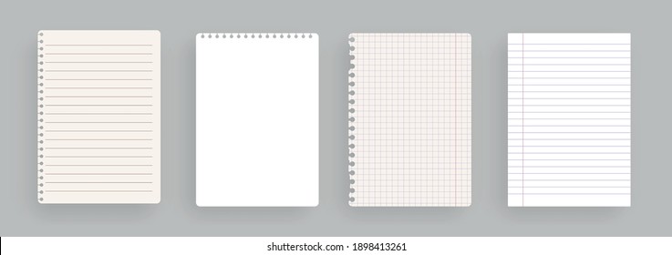 Realistic lined notepapers.Set of torn sheet of paper from a workbook with shadow, isolated. Illustrations of a torn sheet paper.Vector pads paper sheets with lines and squares for memo. Vector illust