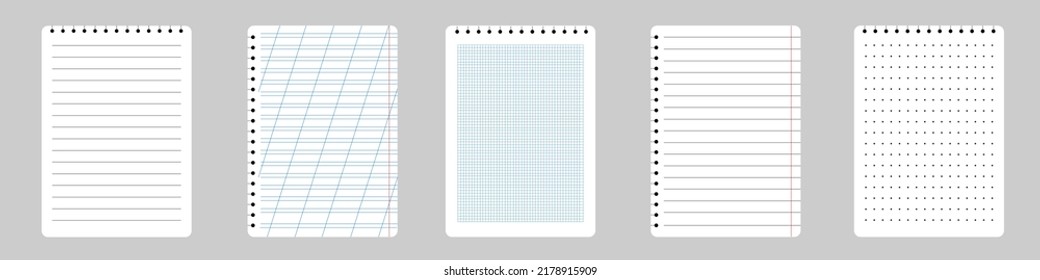 Realistic lined paper. Blank notebooks with grid for homework and exercises. Vector sheets of paper with lines and squares for notes