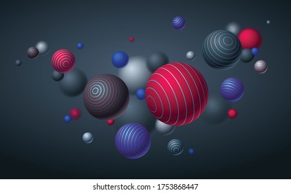 Esferas realistas alineadas ilustración vectorial, fondo abstracto con bellas bolas con líneas y profundidad de efecto de campo, diseño de globos 3D arte.