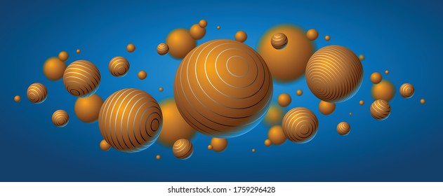 Realistic lined spheres vector illustration, abstract background with beautiful balls with lines and depth of field effect, 3D globes design concept art.