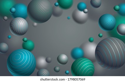 Realistic lined spheres vector illustration with blank copy space, abstract background with beautiful balls with lines and depth of field effect, 3D globes design concept art.