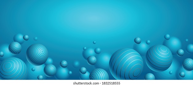 Esferas realistas alineadas ilustraciones vectoriales con espacio de copia en blanco, fondo abstracto con bellas bolas con líneas y profundidad de efecto de campo, globos 3D diseño arte.
