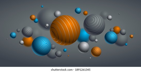 Realistisch gesäumte Kugeln, Vektorgrafik, abstrakter Hintergrund mit schönen Bälle mit Linien und Tiefe des Feldeffekts, 3D-Globes Design Concept Art.