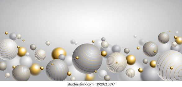 Realistic lined spheres vector illustration with blank copy space, abstract background with beautiful balls with lines and depth of field effect, 3D globes design concept art.