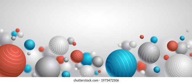 Realistic lined spheres vector illustration with blank copy space, abstract background with beautiful balls with lines and depth of field effect, 3D globes design concept art.