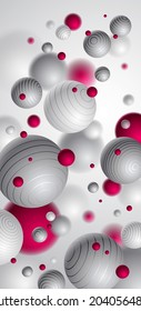 Realistic lined spheres vector illustration smartphone background, abstract background for phone with beautiful balls with lines and depth of field effect, 3D globes design concept art.