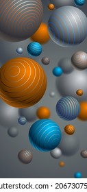 Realistisch gesäumte Kugeln, Vektorgrafik Smartphone Hintergrund, abstrakter Hintergrund für Telefon mit schönen Bälle mit Linien und Tiefe des Feldeffekts, 3D Globes Design Concept Art.