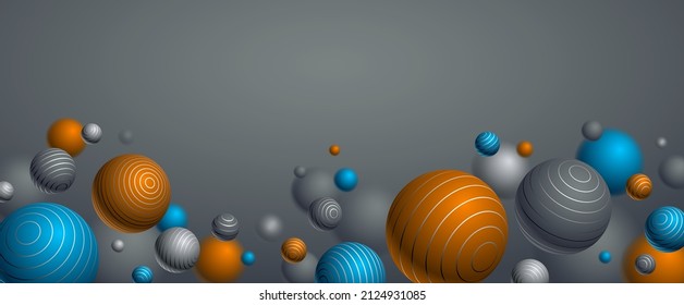Realistic lined spheres vector illustration with blank copy space, abstract background with beautiful balls with lines and depth of field effect, 3D globes design concept art.