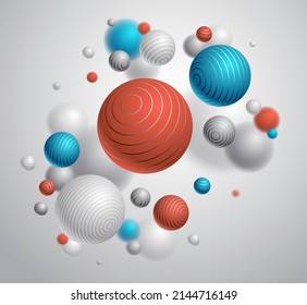 Realistic lined spheres vector illustration, abstract background with beautiful balls with lines and depth of field effect, 3D globes design concept art.