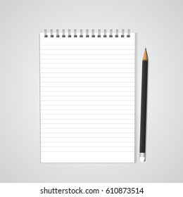 Realistic Lined Spiral Notepad, Notebook with Pencil. Vector Illustration.
