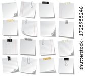 Realistic lined sticky notes with clip binder and adhesive tape. Blank note paper sheets. Information reminder. Vector illustration.