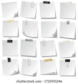Realistic lined sticky notes with clip binder and adhesive tape. Blank note paper sheets. Information reminder. Vector illustration. - Shutterstock ID 1725955246