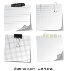 Realistic lined sticky notes with clip binder and adhesive tape. Blank note paper sheets. Information reminder. Vector illustration.