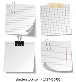 Realistic lined sticky notes with clip binder and adhesive tape. Blank note paper sheets. Information reminder. Vector illustration.