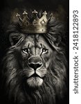 realistic lion head wearing golden crown on dark background. for print, posters, t-shirts, wallpaper. Vector illustration