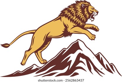 A realistic lion jumping over the mountain vector illustration