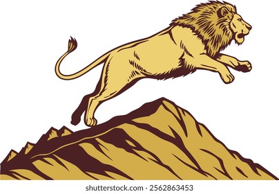 A realistic lion jumping over the mountain vector illustration