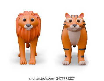 Realistic lion and tiger, front view. Vector animal predators on white background