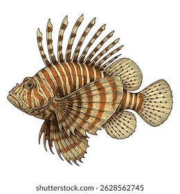 Realistic Lionfish Illustration – Detailed Vector of Marine Fish in Vintage Scientific Style