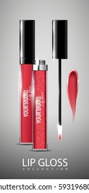 Realistic lip glosses collection with opened and closed tubes and red glitter smear isolated vector illustration