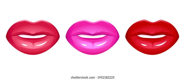Realistic lips vector icon set isolated on white. Women 3d mouth, red shiny glossy lipstick. Fashion glamour illustration.
