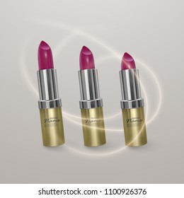 Realistic lipstick of bright cherry color. 3d illustration of golden color, trendy cosmetic design for advertisement. Vector