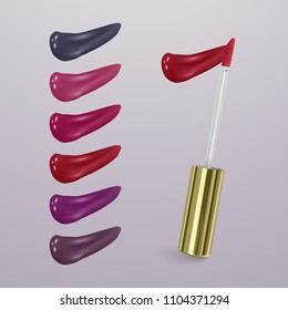 Realistic lipstick with collection of strokes of lipsticks various colors isolated on light background, vector, eps 10