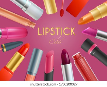 Realistic lipstick color pattern banner, countenance makeup cosmetic vector illustration. Pomade, eye shadow and decorative cosmetic. Woman face treatment skin maintenance, labium health care.