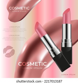 Realistic Lipstick design.Fashionable cosmetics.Lipstick on pink background