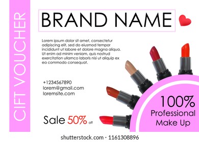 Realistic lipstick - Gift voucher vector template for promotional ad. Cosmetics Banner design or flyer advertisement product. Fashion beauty lipstick tube isolated. 