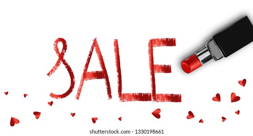 Realistic lipstick love sale vector design. Woman decoration elegant fashion store. Online ladies shopping advertise with random falling paper confetti hearts