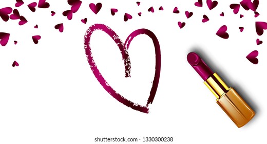 Realistic lipstick love sale vector design. Woman decoration elegant fashion store. Online ladies shopping advertise with random falling paper confetti hearts