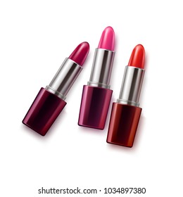 Realistic lipstick mockup set. Vector 3d pink red purple color pomade tubes. Beauty fashion women accessory. Sexy elegant glamour face makeup cosmetics. Girl lip kiss product, isolated illustration