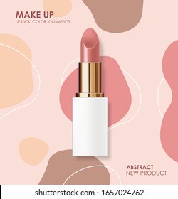 Realistic lipstick package, make-up banner, beauty and cosmetics background, packaging mochup gold and white design, graphic card, abstract geometric forme vector