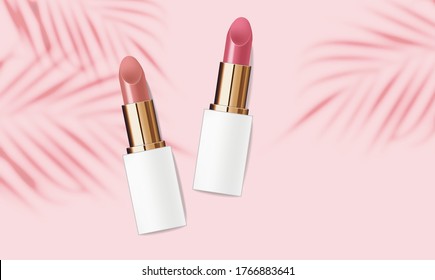 Realistic Lipstick Package, Makeup Banner, Summer Cosmetics Background, Packaging Mochup Tropical Design, Graphic Card, Vector
