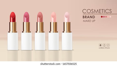 Realistic lipstick package set, make-up banner, lipstick collection color, beauty and cosmetics background, packaging mochup gold and white design vector