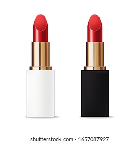 Realistic lipstick package set, make-up banner, lipstick collection color, beauty and cosmetics background, packaging mochup gold and white design vector