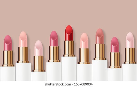 Realistic lipstick package set, make-up banner, lipstick collection color, beauty and cosmetics background, packaging mochup gold and white design vector